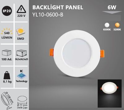 6W / BACKLİGHT / LED PANEL / YUVARLAK / SIVA ALTI / 220V / YL10-0600-B