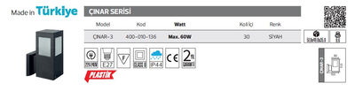 ÇINAR-3-400-010-136- Led Bahçe Aydınlatması Max. 60 Watt