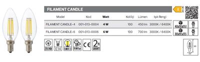 Filament Candle-4 001-013-0004 Led Filament Ampül 4 Watt