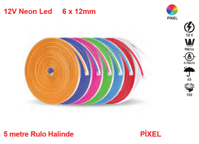 Neon Led / Yassı Tip / Metrede 60 Led / 12 Volt / Dış Mekan İP65 / RGB PİXEL Ws2811 (Akan Animasyonlu) / 6x12mm