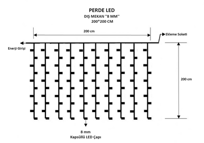 Perde Led │ 200*200 Cm │ Dış Mekan │ Eklenebilir │ Çakar Animasyonlu │ 8 mm Led