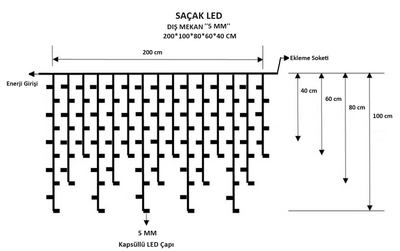 Saçak Led │ 200*100*80*60*40 Cm │ Dış Mekan │ Eklenebilir │ Çakar Animasyonlu │ 5 mm Led