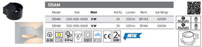 SİSAM-029-006-0008 Led Armatür 8 Watt