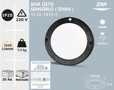 YL14-1810-S Sıva Üstü Sensörlü Led Panel Siyah 20 Watt