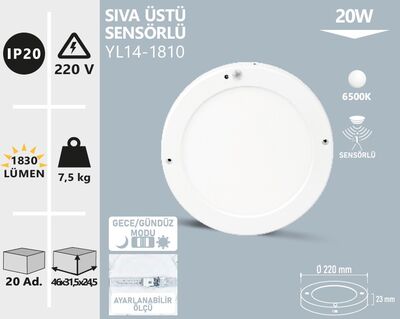 YL14-1810 Sıva Üstü Sensörlü Led Panel 20 Watt