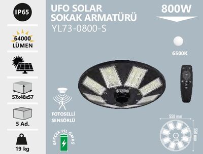 YL73-0800-S Ufo Solar Sokak Armatürü 800 Watt