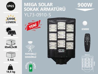 YL73-0910-S Mega Solar Led Sokak Armatürü 900 Watt