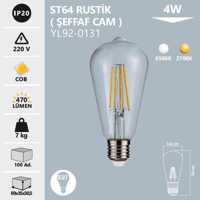 YL92-0131 ST64 Rustik Şeffaf Cam Led Ampul 4 Watt