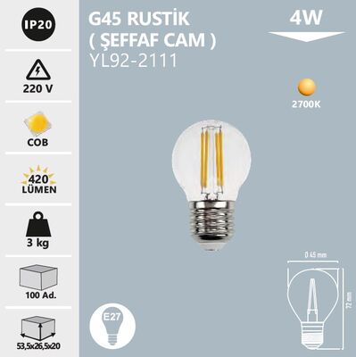 YL92-2111 G45 Rustik Şeffaf Cam Led Ampul 4 Watt